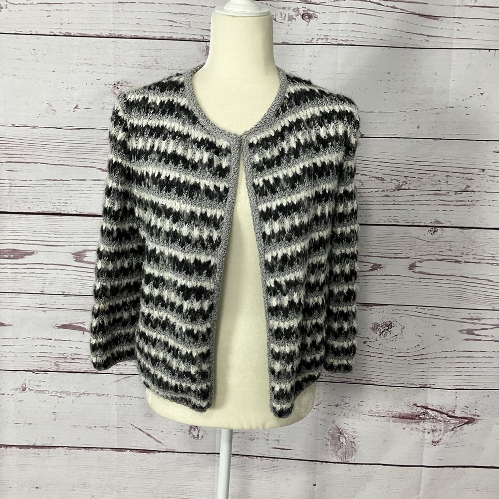 St John Cardigan Sweater Womens Size 2 Black White Soft Knit Textured USA